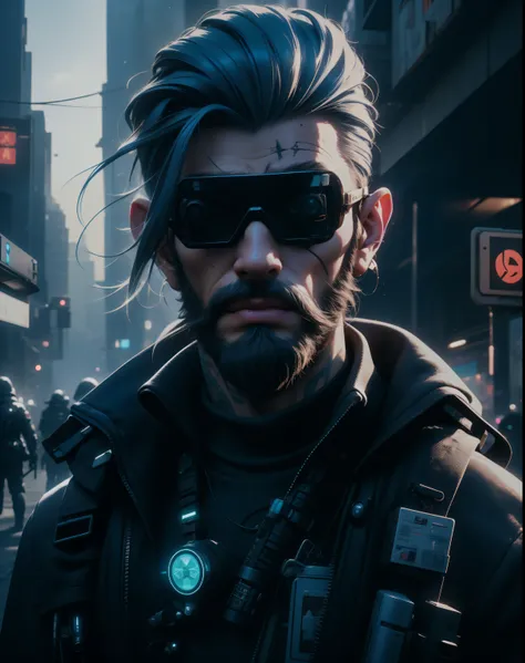 Hyperrealistic, Unreal engine, 3d, Long Shot, (Cyberpunk Medic) , Cyberpunk Meta-Gnome Medic wearing HighTech Vr Goggles, Cybernetic Beard, (Holding a Scifi Medic Kit), in the Holographics Hyperspace Metaverse 50mm ,Ray Tracing,