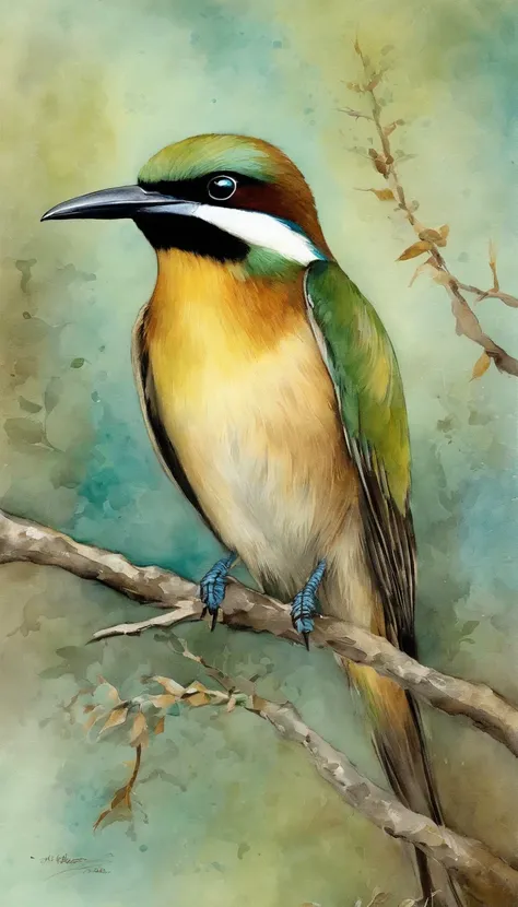 "A fascinating scene of the European bee-eater (brown-brown to straw yellow back, un ventre bleu turquoise, une calotte brune, une gorge jaune, Wings mixing brown, bleu vert et bord de fuite noir) colorful and graceful perched on bare branches, Project a c...