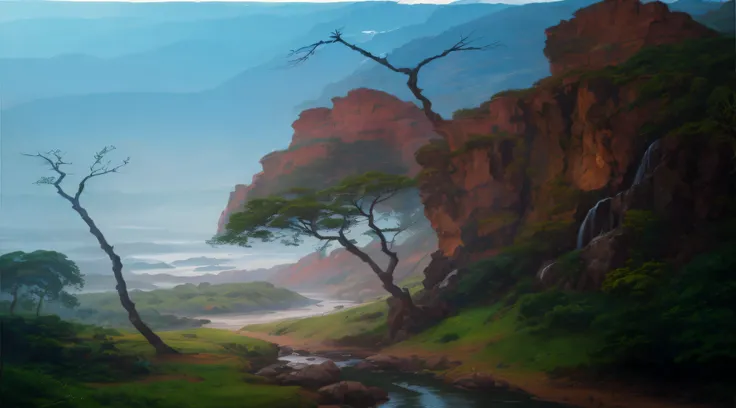 pintura de um riacho que atravessa um vale verde exuberante ao lado de um penhasco, paisagem de sonho, 8k resolution digital painting, 8k resolution digital painting, Pintura fosca soft focus, fantasy scenic, pintura digital fosca, detailed trees and cliff...