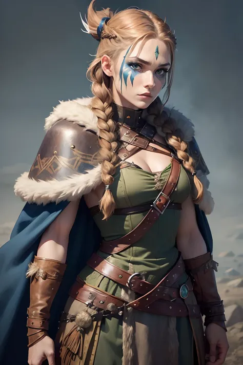 (Viking woman:1.2),(war paint on face), warrior makeup, (green eyes:1.1),(muscular),(fur coat),(fur skirt),(pants),(red brown hair color:0.9),(Viking hairstyle),(loose hair with small braids at scalp), (leather strap top) feathers, cloak over shoulder, spa...