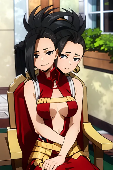 momo yayorozu, two heads, conjoined, two headed momo yayorozu, best quality, masterpiece, two heads on one torso, two headed, bicephaly, bicephalic, one body with two heads, sitting, sitting down