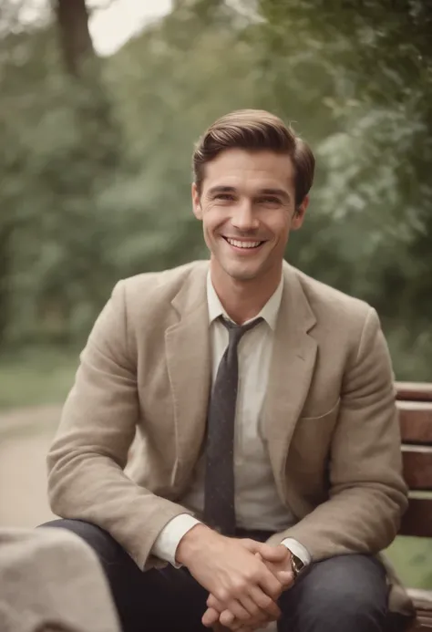 A vintage grainy low quality realistic photograph in the 60s, a handsome man smiling, sitting on a bench