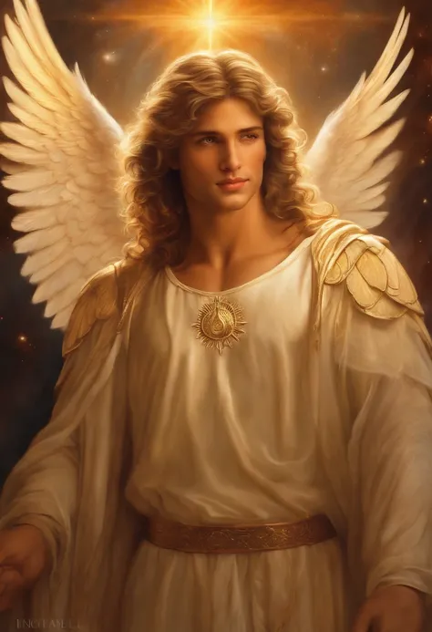 um personagem masculino, anjo olhos vermelhos e um sorriso debochado , imagem celestial, detalhes intricados, realista, asas ROSAS e grandes, fundo angelical, l, Male character of the Bible, Michael is wearing his angelic armor, cosmic background, Illumina...