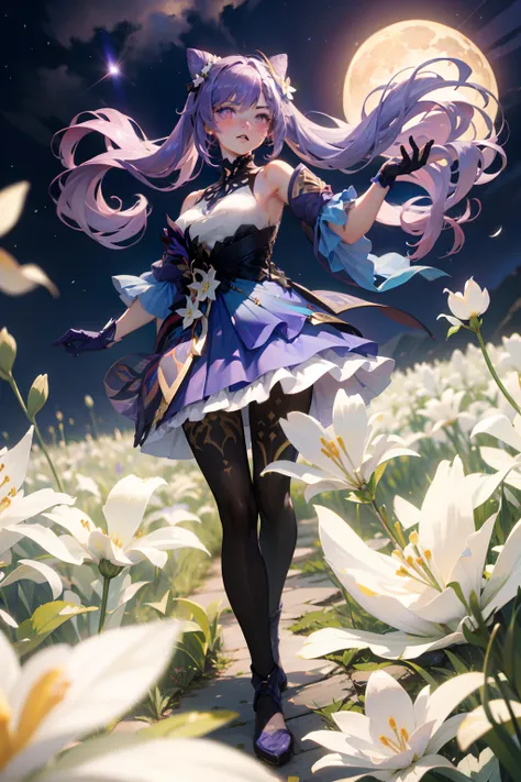 1 girl solo, lavender pink hair, pointy hairbuns, purple eyes, lavender purple white dress, purple collar, purple gloves, dark stockings, flower ornament, dynamic pose, standing on a mountain surrounded by white lily flowers, night sky, moon, fullbody