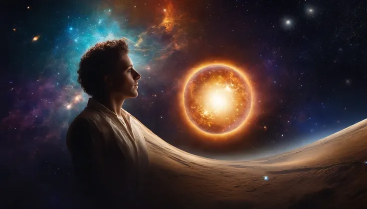 Someone connected with the universe.
Create an image of an individual deeply connected with the universe, surrounded by cosmic elements that convey a sense of cosmic unity