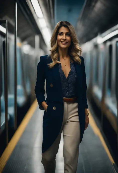 mulher perfeita um metro e setenta de altura linda cabelos longos e pretos, dressed in navy blue pants and blaser, sandalha cor prata, sorridente