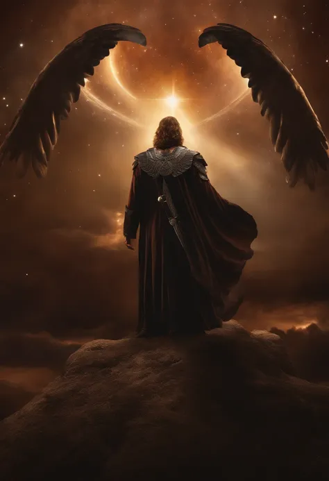 um personagem masculino, anjo olhos vermelhos e um sorriso debochado , imagem celestial, detalhes intricados, realista, asas PRETAS e grandes, fundo angelical, l, Male character of the Bible, Michael is wearing his dark armor , cosmic background, Illuminat...