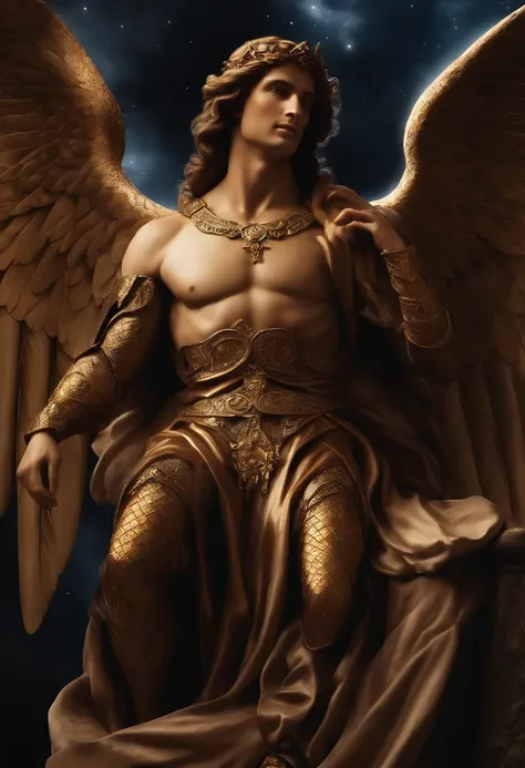 um personagem masculino, anjo olhos vermelhos e um sorriso debochado , imagem celestial, detalhes intricados, realista, asas PRETAS e grandes, fundo angelical, l, Male character of the Bible, Michael is wearing his dark armor , cosmic background, Illuminat...