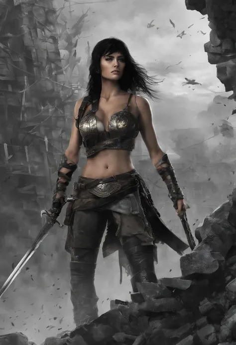 (extremamente detalhado CG unidade 16k papel de parede:1.1), (Denoising strength: 1.45), (tmasterpiece:1.37), estilo de jogo, Princesa guerreira Xena, hiper HD, fantasia sombria