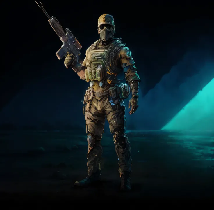 Soldado Arafed com um fuzil em um quarto escuro, Retrato de corpo inteiro de um guarda florestal, novo personagem, roupa de soldado, smug look, Fundo Warzone, pronto para o combate, in a dark space mercenary outfit, campo de batalha backround, Detalhes do ...