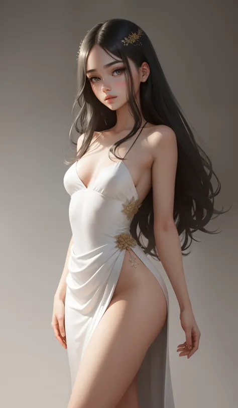 a woman in a long silver solid draped spaghetti dress with flower embroidery, silver high heels, gold flower hair piece, 17 years old, shoulder length slightly wavy hair, ((black hair)) and gleaming detailed vibrant black eyes, slim frame, medium breasts, ...