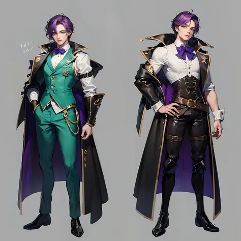 masterpiece, best quality, painting of ((a strikingly handsome and muscular man with short vibrant purple hair and captivating green eyes)), dressed in intricate dark green outfit, casual, Steampunk, vest, exuding confidence, depicted in a dynamic full-bod...