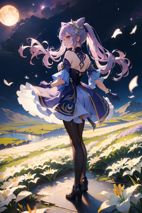 1 girl solo, lavender pink hair, pointy hairbuns, purple eyes, lavender purple white dress, purple collar, purple gloves, dark stockings, flower ornament, dynamic pose, standing on a mountain surrounded by white lily flowers, night sky, moon, ((white lilie...