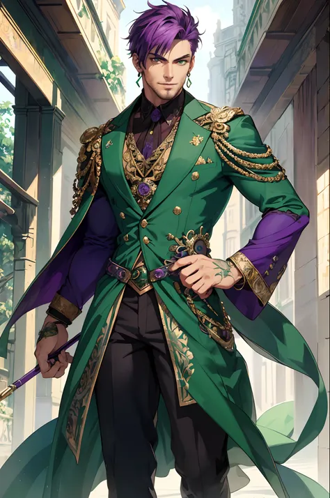 masterpiece, best quality, painting of ((a strikingly handsome and muscular man with short vibrant purple hair and captivating green eyes)), dressed in an intricate outfit in emerald green, plant inspired, Steampunk, exuding confidence, depicted in a dynam...