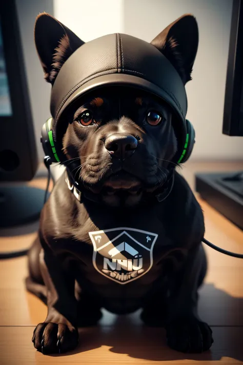 um cachorro bonito preto com uma cadeira gamer e microfone bonito personalizado lindo