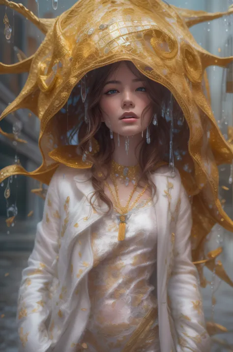 golden and white, spider man, drip outfit, heavy rain, magical, highly detailed, trending on artstation, unreal engine 4 k, cinematic wallpaper by stanley artgerm lau, wlop, rossdraws, james jean, andrei riabovitchev, marc simonetti, yoshitaka amano. backg...