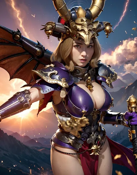 Professional , ​masterpiece、top-quality、photos realistic , depth of fields 、（Dragon Blue Metal Body:1.９),(Enamel purple、（cleavage of the breast）、Mystical expression、Dragon Gold Weapon、（Red Micro Bikini Armor:1.４),Gorgeous gold weapons ,Particles of light、（...