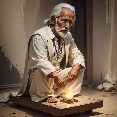 an old man who is a spiritual mentor stands talking, he wears a white Indian-style suit, barefoot, he has a glow of his own like a spirit of light, he floats and is facing forward --auto --s2