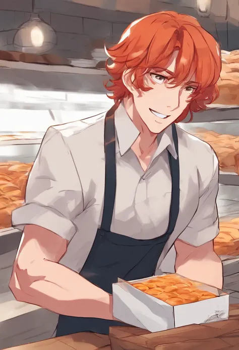 beautiful redhead young man working in a bakery, manhwa style, Young man, redhead cute boy, cute boy, ginger, Young man with an astonished face, boy with bakery uniform, wavy hair