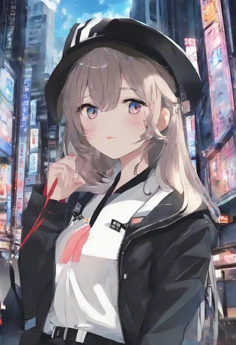 ((Masterpiece,best quality:1.2)),1girl,solo,anime girl,wearing black jacket,wearing a hat,sunny, surrounded by buildings,city, streets, cinematic lighting,highest quality digital art, Stunning art, wallpaper 4k,8k,64k, HD, unparalleled masterpiece, dynamic...