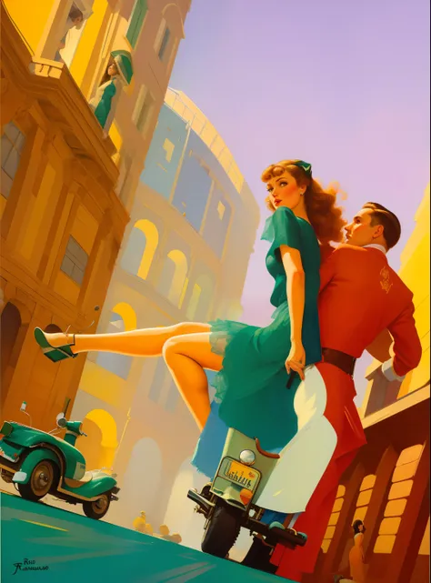 Uma pintura de um homem e uma mulher andando em uma scooter em frente a uma colagem romana, inspirado em Art Frahm, Estilo Futurismo Italiano, Directed by: Roy Dalgarno, Directed by: Rinaldo Cuneo, Directed by: John La Gatta, Directed by: Brian Thomas, por...