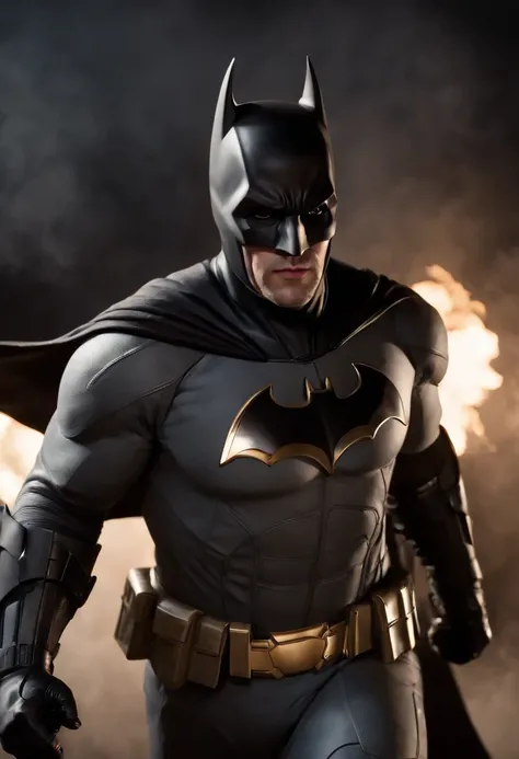 (CG extremamente detalhado e realista, master part, best quality, ultra-detalhado) Batman em traje dourado e branco, (best ilumination, Melhor sombra, um extremamente delicado e bonito), Dynamic angle, cinematic atmospheric, mechnical, smoke billowing, vap...