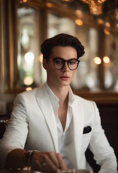 There is a man sitting at a table with plates and glasses, ele tem cerca de 20 anos, ele tem cerca de 2 0 anos de idade, wearing white suit and glasses, delicate androgynous prince, suave em _ Chic Restaurant Background in France, ele tem cerca de 2 5 anos...