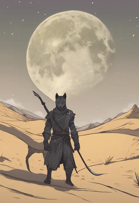 Illustrate a gray Khajiit with green eyes in a moment of contemplation in the desert dunes, with a crescent moon in the night sky.