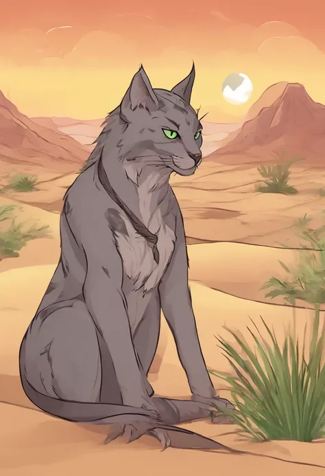 Illustrate a gray Khajiit with green eyes in a moment of contemplation in the desert dunes, with a crescent moon in the night sky.