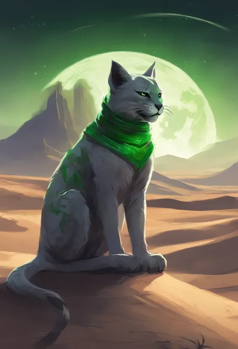 Illustrate a gray Khajiit with green eyes in a moment of contemplation in the desert dunes, with a crescent moon in the night sky.