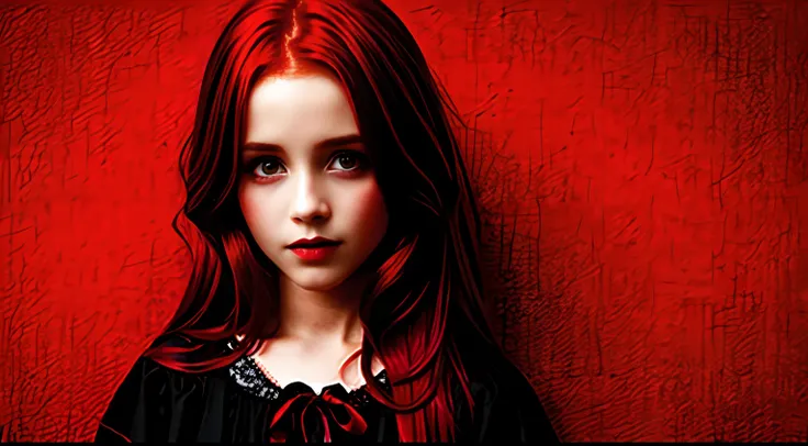 GIRLS VAMPIRE CHILDREN, RED EYES. AND RED HAIR, red background.