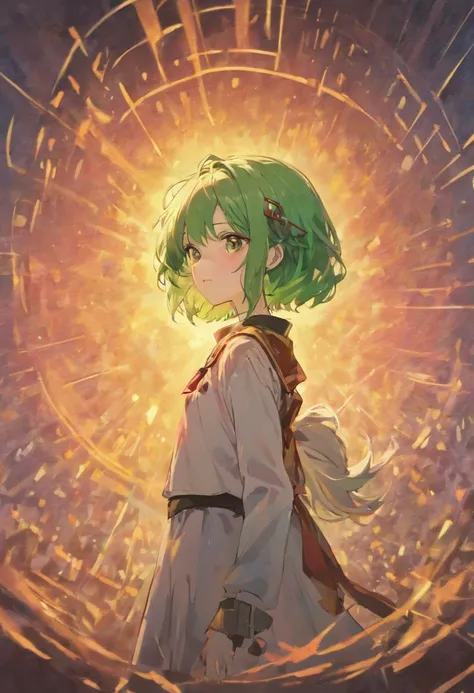 (best quality), detailed, 1 girl, alone, looking at viewer, sunset background, upper body, close-up, standing peace sign, evil smile, detailed eyes, detailed face, lovely face, cute, Fubuki, green hair, elbow out of frame