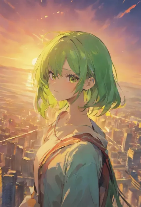 (best quality), detailed, 1 girl, alone, looking at viewer, sunset background, upper body, close-up, standing peace sign, evil smile, detailed eyes, detailed face, lovely face, cute, Fubuki, green hair, elbow out of frame