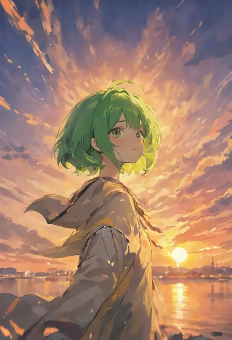 (best quality), detailed, 1 girl, alone, looking at viewer, sunset background, upper body, close-up, standing peace sign, evil smile, detailed eyes, detailed face, lovely face, cute, Fubuki, green hair, elbow out of frame