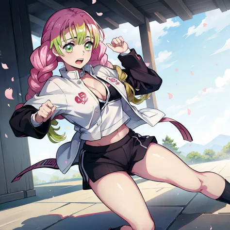 1 Girl, Mitsuri Kanroji ( Kimetsu no Yaiba) , School Sport clothing, Black Shorts and white shirt, Gym Closet