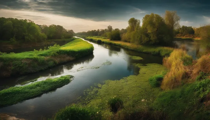 Foto RAW, [A river with murky and polluted waters is shown, while the fish are struggling to survive.]