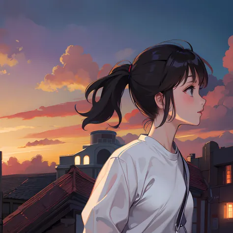 1girl, ponytail, summer sky, UFO light