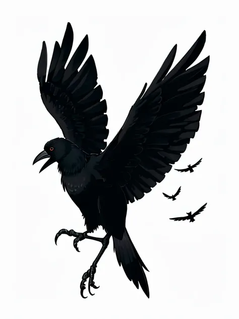 a black bird with its wings spread and a white background, crows as a symbol of death, corvo escuro, detailed crow illustration, artistic drawing of a crow, monstro corvo, Corvos pretos voando, corvo, corvo, Corvos, Corvos pretos, corvo preto, Corvos, Asas...