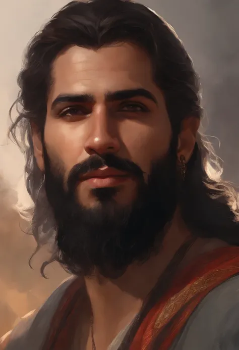 head and shoulders portrait Young handsome arab artist by Ismail Inceoglu, M.W. Kaluta, long black hair partially up and partially down, silver earrings, beard, jesus, beautiful nature background, 8k resolution Hyper-Detailed Hyper-Realistic digital illust...