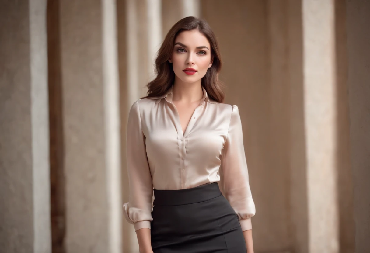 A stunning secrerary wearing high waist pencil skirt and satin blouse, amazing skinny curvy body