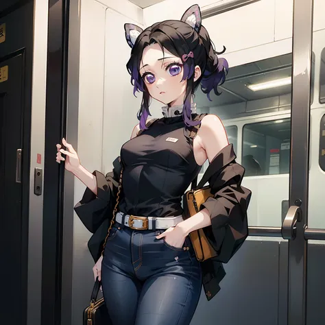 1 girl, shinobu kocho ( kimetsu no yaiba) , tight jeans, black shirt, small breasts, holding bag , inside a train, standing,