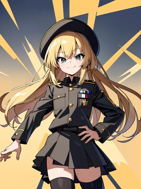 ((masterpiece:1.4, best_quality, ultra-detailed))++, 1girll, solo, cowboy shot, smile, closed mouth, smug, military jacket, mili...