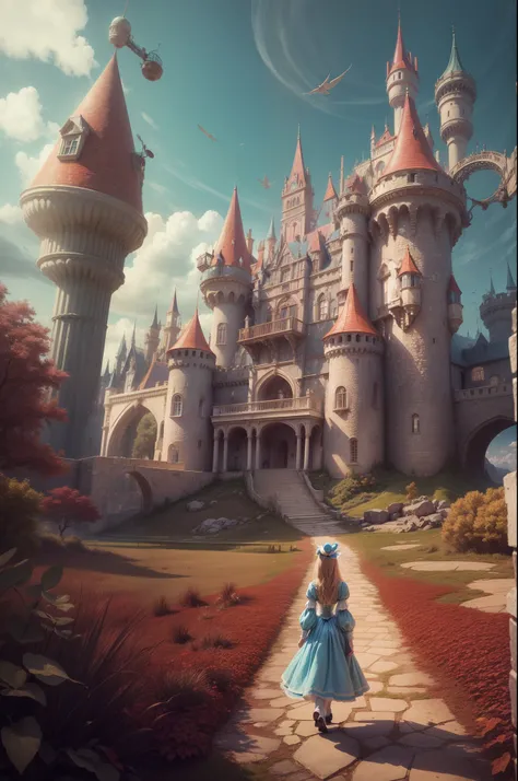 arafed view of a castle with a woman walking in front, inside her surreal vr castle, beautiful castle, beautiful render of a fairytale, like alice in wonderland, flying cloud castle, very far royal steampunk castle, photorealistic disney, magical castle, i...