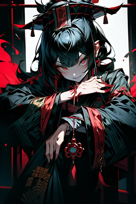 Chinese Gothic Punk、JIANGSHI style,Daughter of the Chinese emperor、Overwhelming intimidation、Emitting majesty from the whole body、Put your hands in your sleeves,(Comic Noir Style),(linear art_Anime),(solid color_highcontrast),(masutepiece, Best Quality, ),...