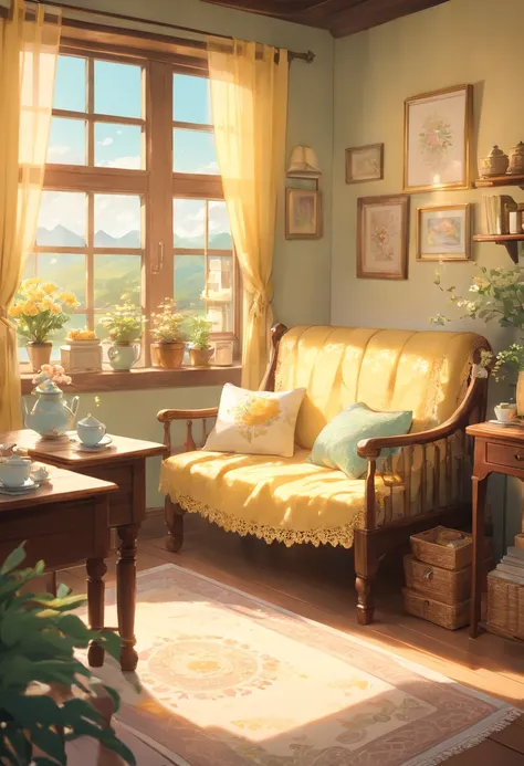 cozy cottage bedroom, subtle yellow themeing, sunny windows, oil painting, detailed, vintage furniture, floral patterns, soft lighting, peaceful atmosphere, morning sunlight, lace curtains, wooden floor, floral wallpaper, comfortable bedding, fluffy pillow...