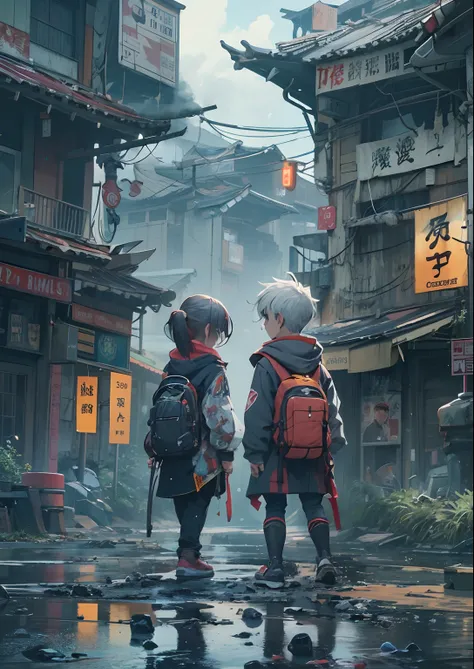 2boys,a 13 yo boy、twins,Cyberpunk Boy、katanas,machine gun、silber hair、poneyTail、、Whole body bloody、The beginning of the adventure、Lots of clouds,Beautiful fog,Chaotic city of the future、ruined and devastated city、dystopian、A very complex group of Chinese b...