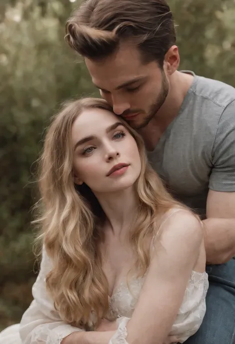 Reymond Cauan, forte de barba, e Sabrina Carpenter, casal apaixonado, pose casal, muito intenso, sensual, apelo masculino alta moda