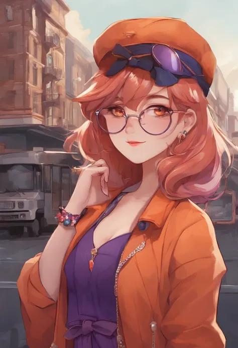 1girl, solo, yorigami joon, orange hair, drill hair, eyewear on head, orange eyes, jewelry, bow, white dress, purple jacket, pendant, earrings, hat, standing, hand on hip, looking at viewer, one eye closed, smirk, outdoors, city