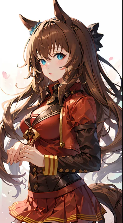 girl with、Brown hair、long、Blue eyes、Horse-eared girl、Brown horse tail、Red clothes、Short skirt in red