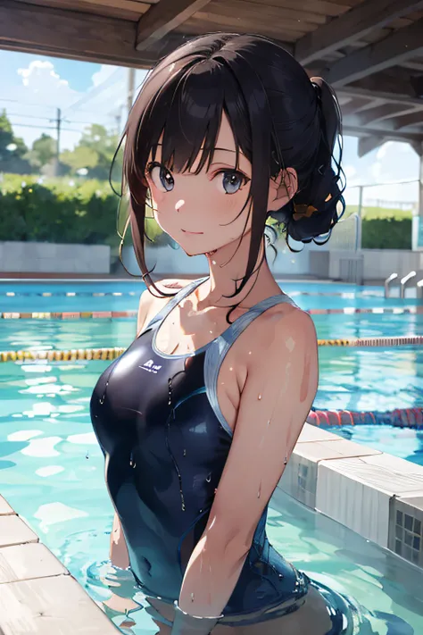 beautiful, masterpiece, best quality, hiqcgbody, anime, 1girl, medium breasts, olympic swimmer, transparent and Clear black swimsuit, portrait shot, looking at viewer, partially submerged, outdoor pool, wet skin, intricate details,>,((covered